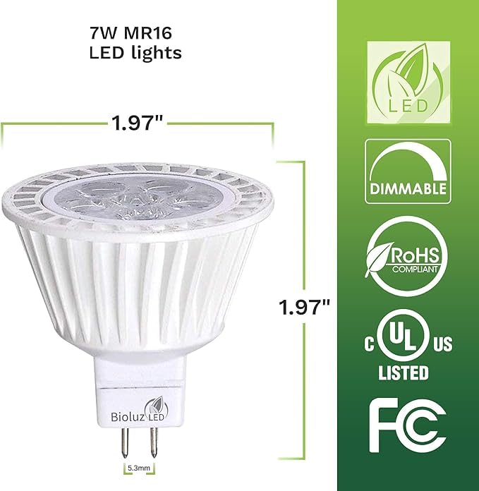 Bioluz LED 5 Pack MR16 50 Watt Halogen Equivalent Dimmable Bulb uses 7W, Halogen 3000K 12V AC/DC, UL Listed, High CRI for Low Voltage Recessed Lights, Track Lights and Landscape Fixtures. - Image 2