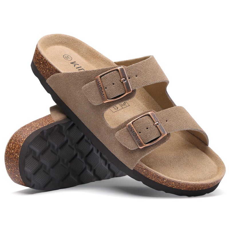 KIDMI Unisex Genuine Suede Summer Sandals Arch Support Cork Footbed Slide Sandals with Double Adjustable Buckle for Women Men, Mocha 38 - Image 5
