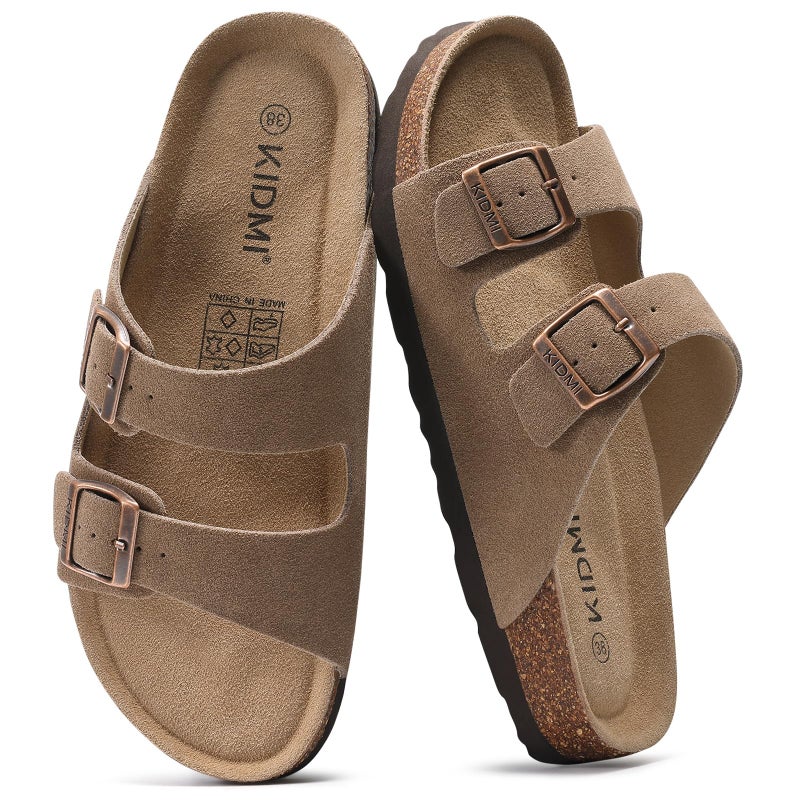 KIDMI Unisex Genuine Suede Summer Sandals Arch Support Cork Footbed Slide Sandals with Double Adjustable Buckle for Women Men, Mocha 38 - Image 1