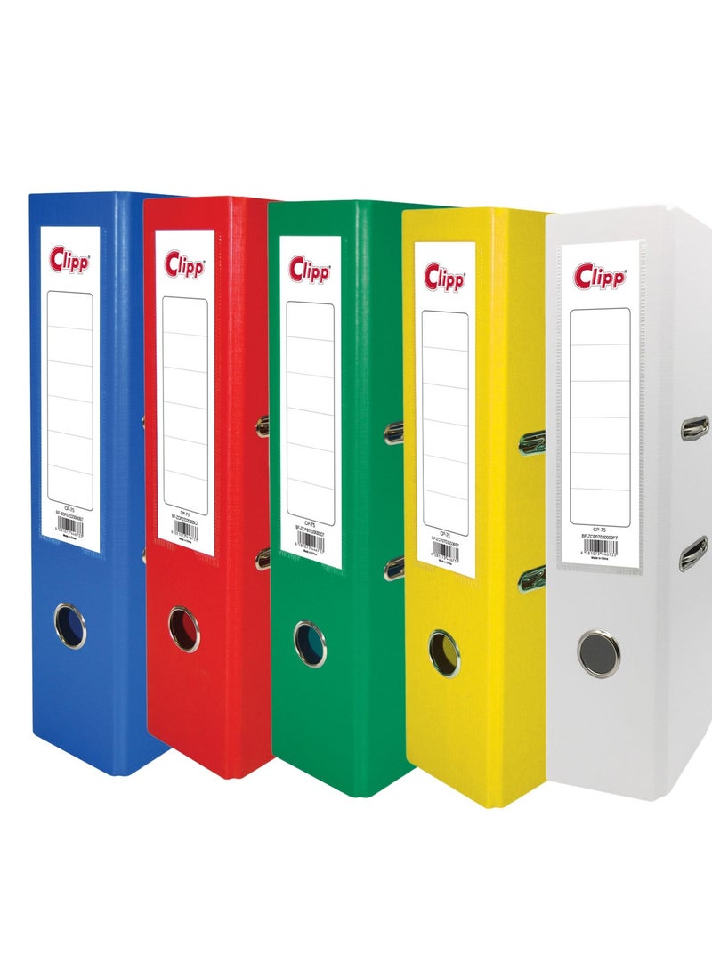 CLIPP 5-Piece Lever Arch Box File 75mm Spine Assorted Colours - Image 1