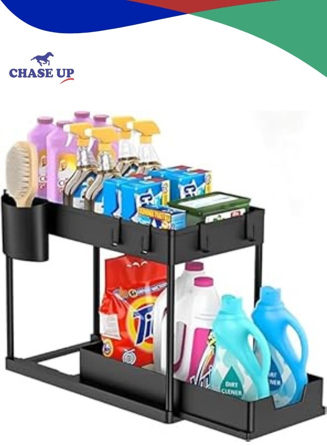 Chase Up 1pcs Under Sink Shelf Storage Organiser with Sliding Pull Out Drawer,Double Sliding Under Bathroom Cabinet Organization, Kitchen Storage with Hooks,15.6 * 8.6 * 13.2cm,Black - Image 1