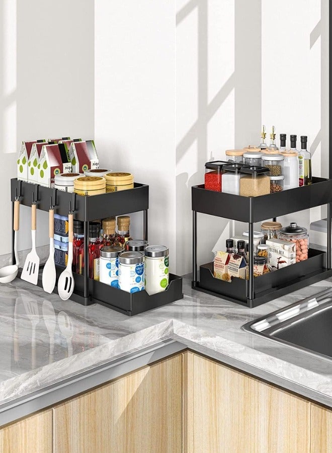 Chase Up 1pcs Under Sink Shelf Storage Organiser with Sliding Pull Out Drawer,Double Sliding Under Bathroom Cabinet Organization, Kitchen Storage with Hooks,15.6 * 8.6 * 13.2cm,Black - Image 2
