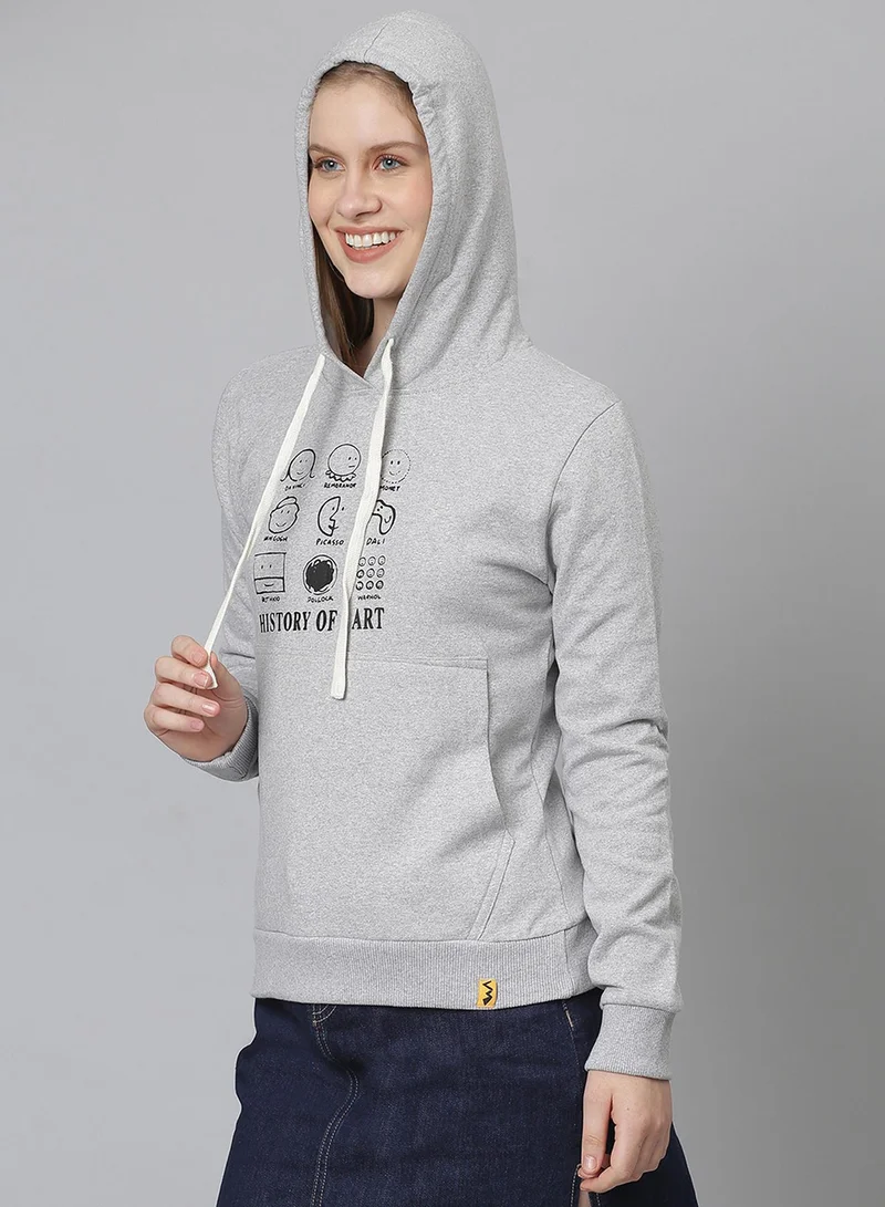 Campus Sutra Women's Light Grey History-Of-Art Print Pullover Hoodie