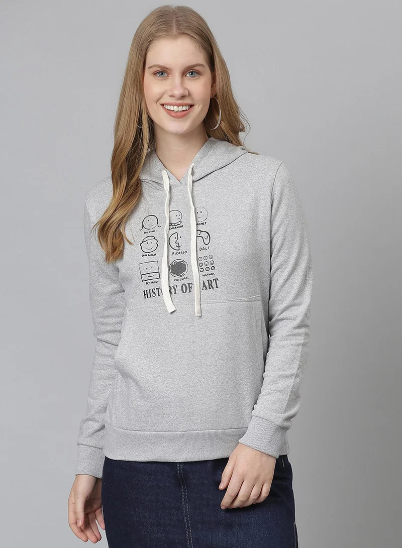 Campus Sutra Women's Light Grey History-Of-Art Print Pullover Hoodie
