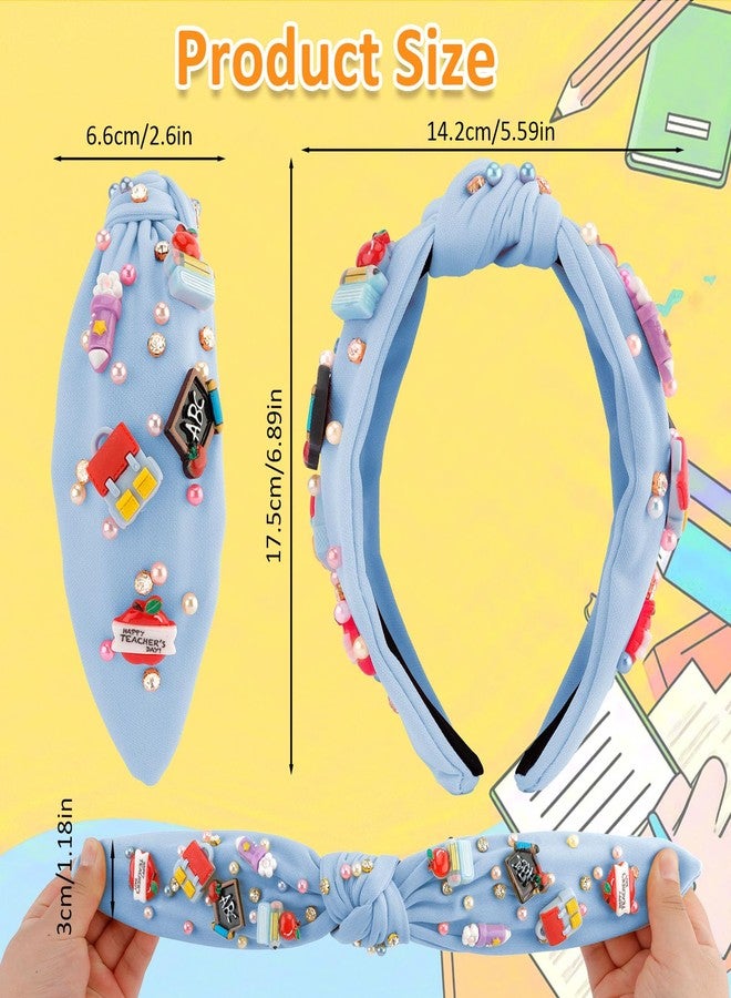 Hapdoo Back To School Teacher Knotted Headband Embellished Jeweled Headband Wide Top Knot Hair Accessories Teacher Appreciation Gifts for Women Girls, Blue - Image 2