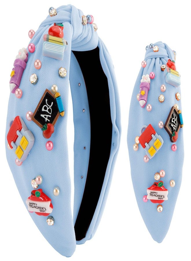 Hapdoo Back To School Teacher Knotted Headband Embellished Jeweled Headband Wide Top Knot Hair Accessories Teacher Appreciation Gifts for Women Girls, Blue - Image 1