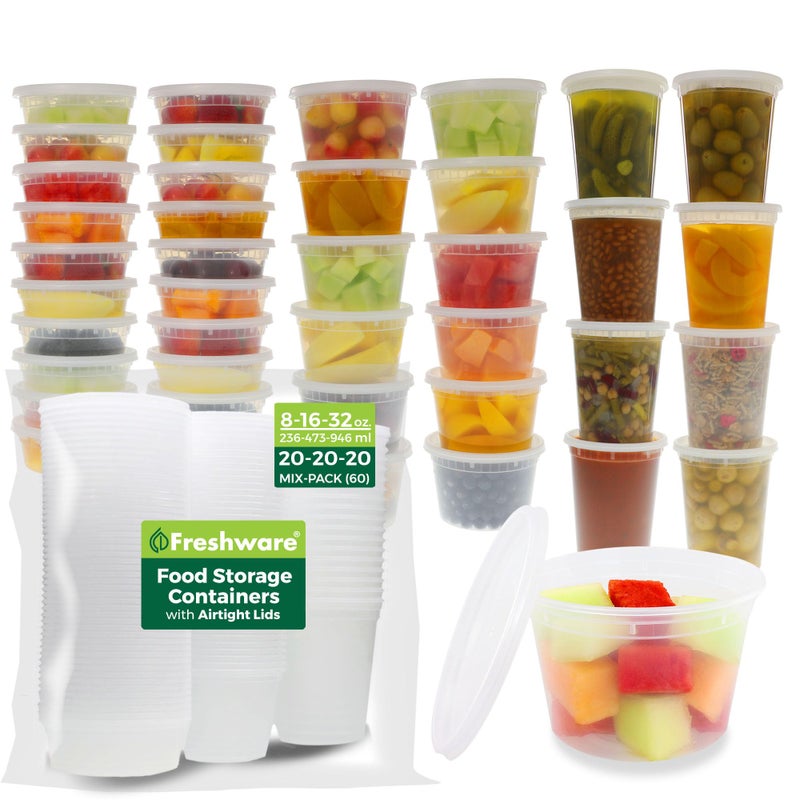 Freshware Food Storage Containers with Lids [60 Pack 8, 16, 32 oz, 20 sets each size] Plastic Deli Containers, Meal Prep Containers, Microwave and Freezer Safe, Stackable, Leakproof, BPA Free, Clear - Image 1