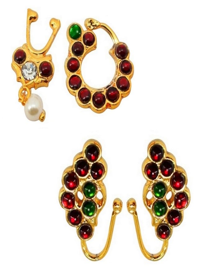 THANUS CRAFT THANU'S CRAFT Golden Bharatanatyam Dance Jewellery Nath Without Piercing Kempu Stone Nose Ring Pin Nathiya For Women Girls - Image 1