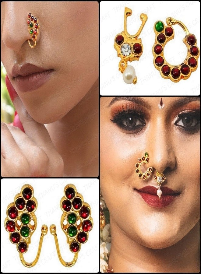 THANUS CRAFT THANU'S CRAFT Golden Bharatanatyam Dance Jewellery Nath Without Piercing Kempu Stone Nose Ring Pin Nathiya For Women Girls - Image 2