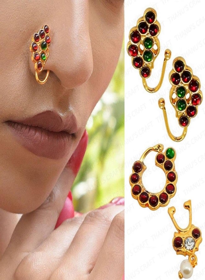 THANUS CRAFT THANU'S CRAFT Golden Bharatanatyam Dance Jewellery Nath Without Piercing Kempu Stone Nose Ring Pin Nathiya For Women Girls - Image 5