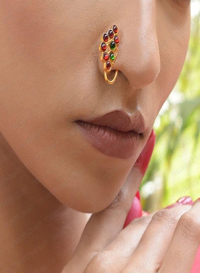 THANUS CRAFT THANU'S CRAFT Golden Bharatanatyam Dance Jewellery Nath Without Piercing Kempu Stone Nose Ring Pin Nathiya For Women Girls - Image 4