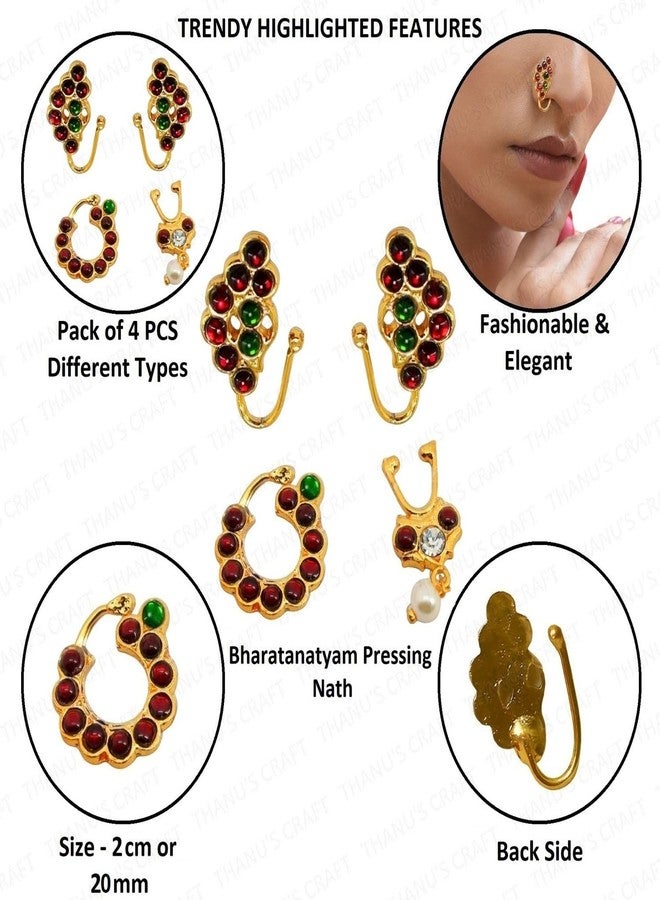 THANUS CRAFT THANU'S CRAFT Golden Bharatanatyam Dance Jewellery Nath Without Piercing Kempu Stone Nose Ring Pin Nathiya For Women Girls - Image 3