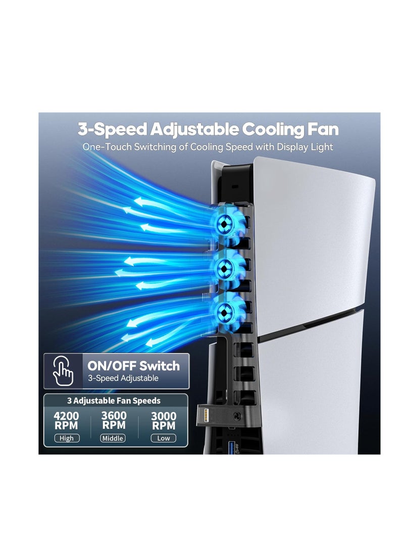 مبرد Tokluck PS5 Slim متوافق مع إصدارات 2023 PS5 Slim الرقمية والأقراص، مروحة PS5 مع تبريد PS5 ثلاثي المراحل، مروحة تبريد PS5 هادئة مع اتصال USB إضافي لملحقات PS5 - Image 2