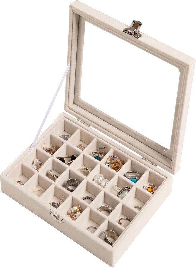 Topinon Velvet Jewelry Tray, 24 Grid Jewelry Organizer with Clear Lid, Earring Holder Organizer with Clasp, Drawer Insert for Rings Pendants Brooches, 20x15x4.7cm, Beige - Image 1
