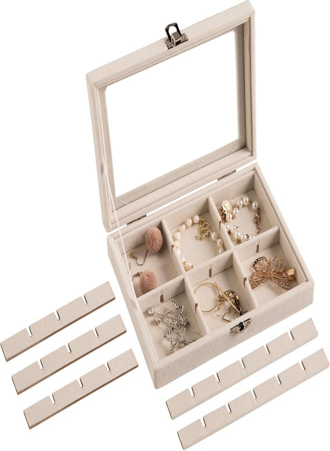 Topinon Velvet Jewelry Tray, 24 Grid Jewelry Organizer with Clear Lid, Earring Holder Organizer with Clasp, Drawer Insert for Rings Pendants Brooches, 20x15x4.7cm, Beige - Image 3