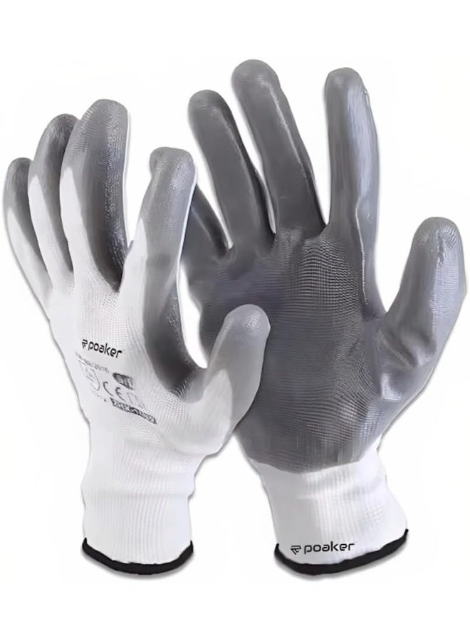 Poaker Working Gloves White Gauze With Gray Nitrile Coating Latex-Free For Construction Electrical Gardening And More 1 Pair - Image 2