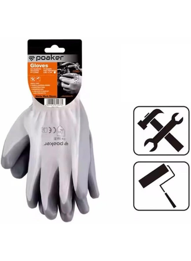 Poaker Working Gloves White Gauze With Gray Nitrile Coating Latex-Free For Construction Electrical Gardening And More 1 Pair - Image 5