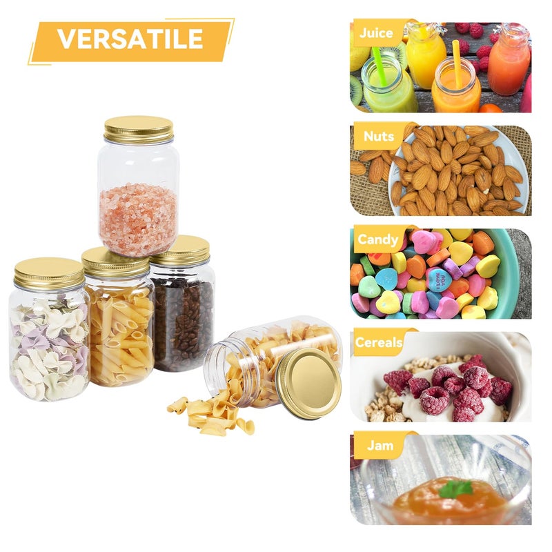 novelinks 16 oz Clear Plastic Jars with Lids, Refillable 16oz Mason Jars with Lids & Storage Containers for Kitchen & Household Use (20 Pack,Gold) - Image 4