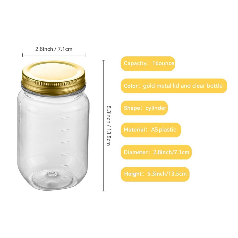 novelinks 16 oz Clear Plastic Jars with Lids, Refillable 16oz Mason Jars with Lids & Storage Containers for Kitchen & Household Use (20 Pack,Gold) - Image 2