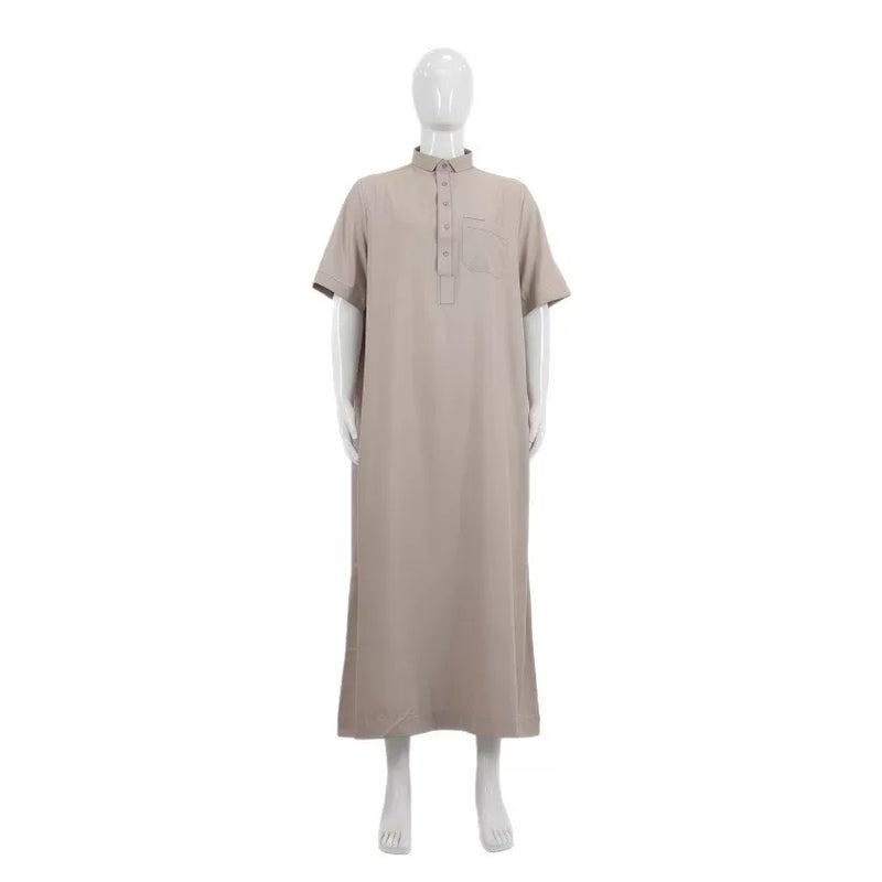 عباءة قطر الشرق أوسطية أنيقة بياقة قائمة، لون سادة، جيوب، أكمام قصيرة، أزرار معدنية - مقاس كبير للأعياد - Image 5