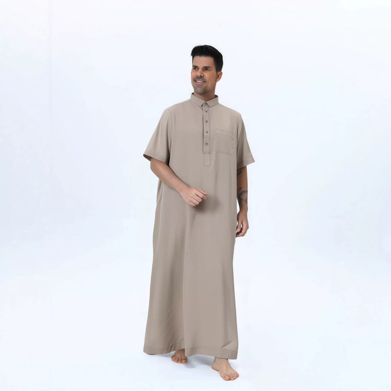 عباءة قطر الشرق أوسطية أنيقة بياقة قائمة، لون سادة، جيوب، أكمام قصيرة، أزرار معدنية - مقاس كبير للأعياد - Image 2