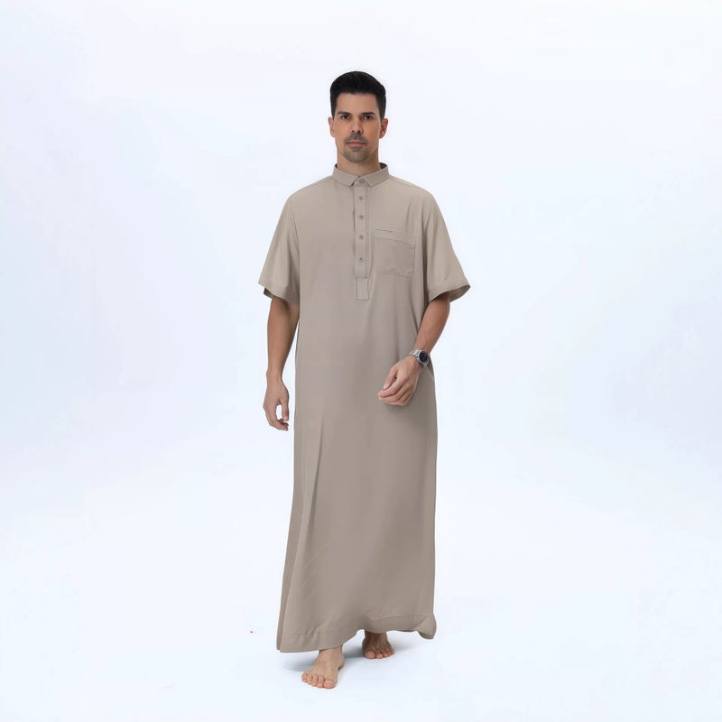 عباءة قطر الشرق أوسطية أنيقة بياقة قائمة، لون سادة، جيوب، أكمام قصيرة، أزرار معدنية - مقاس كبير للأعياد - Image 1