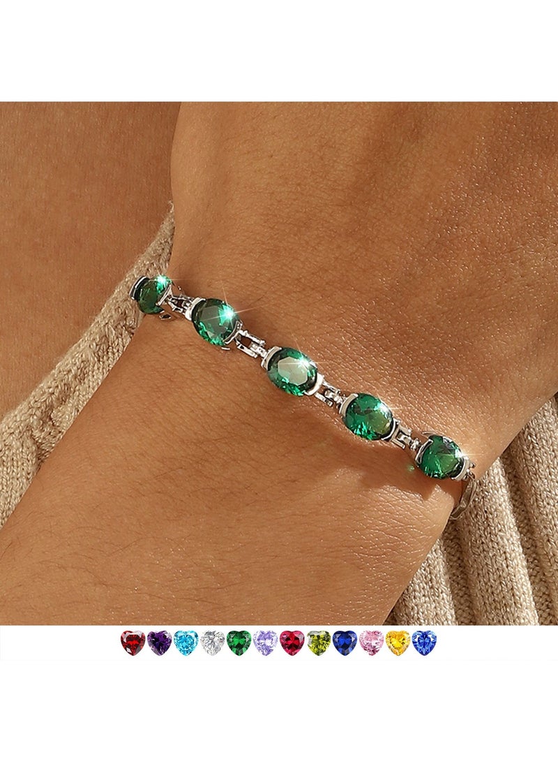 Juwaliy 18K White Gold Plated Oval Tennis Bracelets for Women,May Birthstone Bracelet Green Emerald Mom Jewelry Birthday Mother's Day Gifts Idea - Image 1
