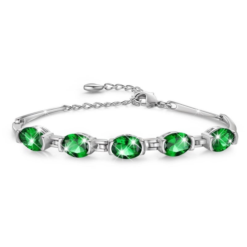 Juwaliy 18K White Gold Plated Oval Tennis Bracelets for Women,May Birthstone Bracelet Green Emerald Mom Jewelry Birthday Mother's Day Gifts Idea - Image 3