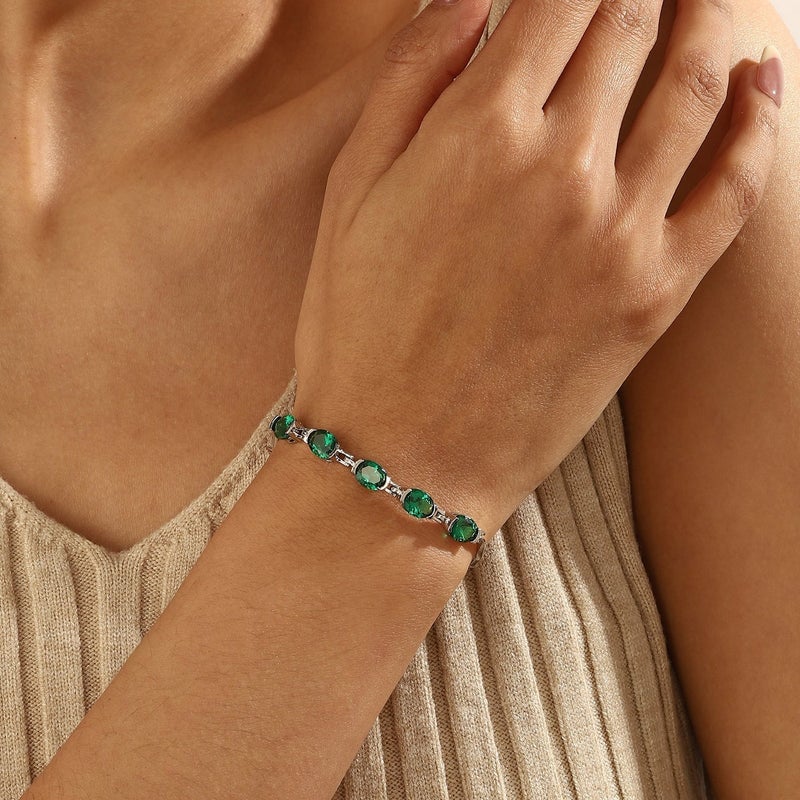Juwaliy 18K White Gold Plated Oval Tennis Bracelets for Women,May Birthstone Bracelet Green Emerald Mom Jewelry Birthday Mother's Day Gifts Idea - Image 5