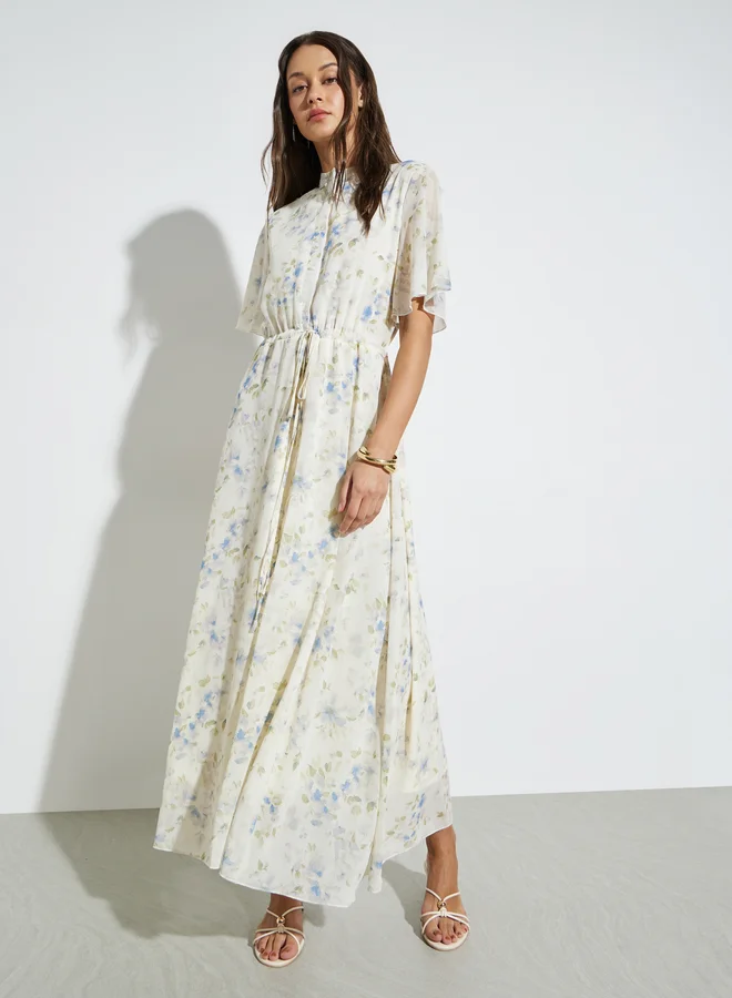 Styli Off White Floral Drawstring Waist Maxi Dress