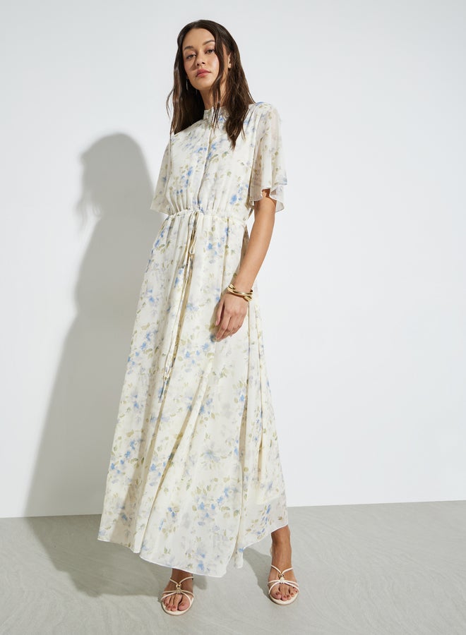 Styli Off White Floral Drawstring Waist Maxi Dress - Image 1