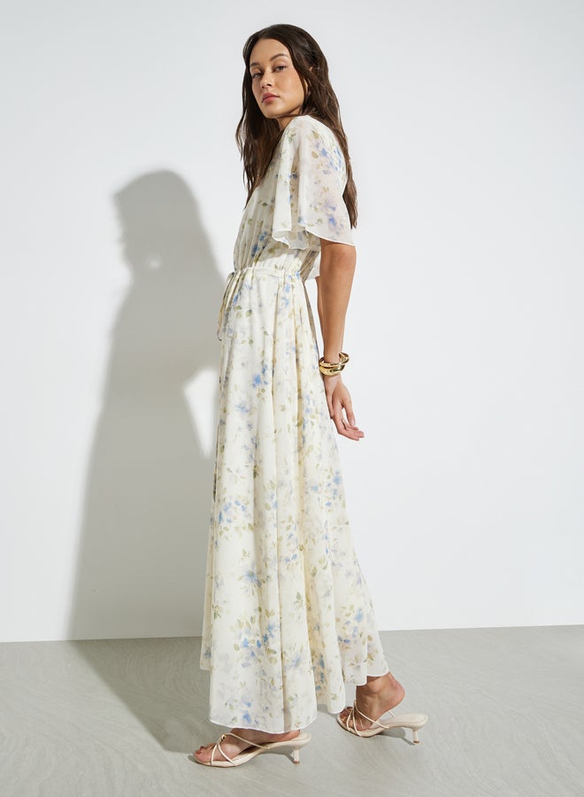 Styli Off White Floral Drawstring Waist Maxi Dress - Image 3