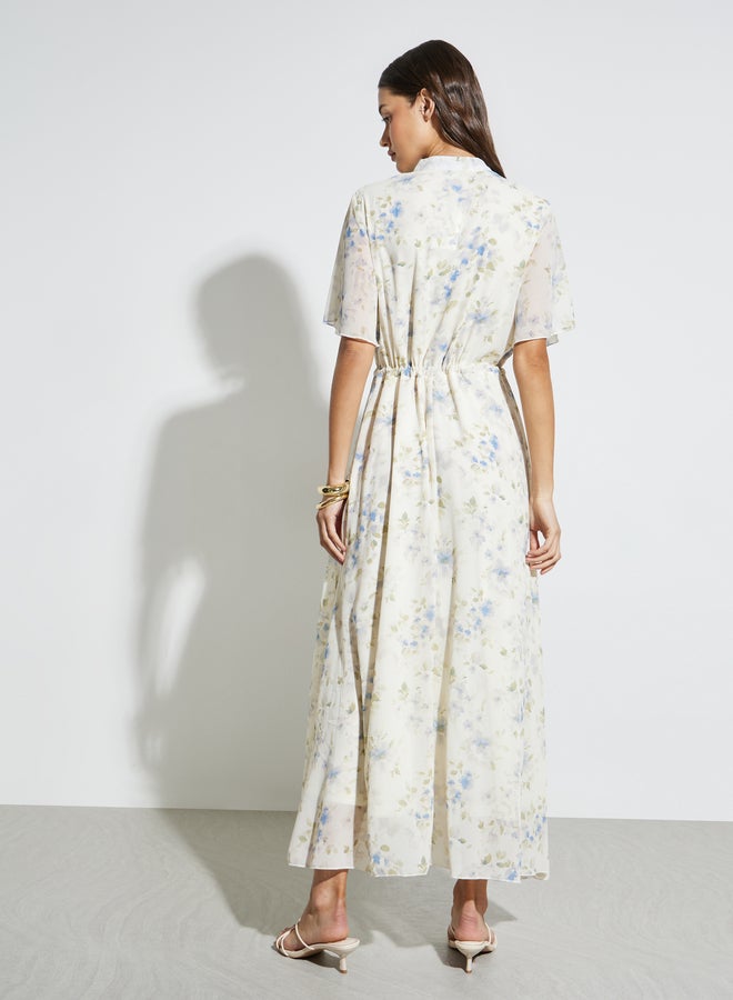 Styli Off White Floral Drawstring Waist Maxi Dress - Image 5