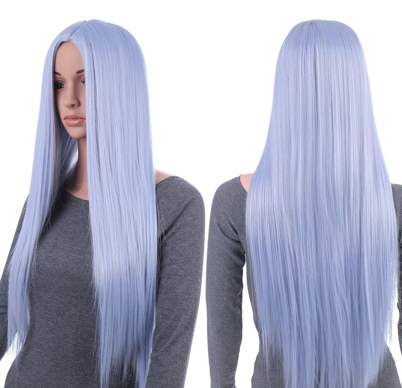 Onedor 31 Inches Silver Blue Straight Long Synthetic Hair Women Full Head Cosplay Wig with Wig Cap - Image 1