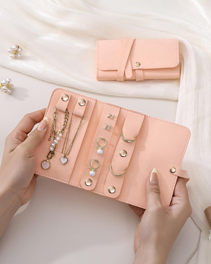 CASEGRACE Travel Jewelry Organizer Roll, Portable Velvet Jewelry Storage Roll Earring Organizer Bag, Jewelry Pocket for Necklaces, Rings, Earrings (Pink) - Image 2
