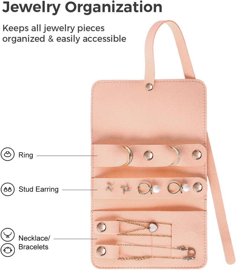 CASEGRACE Travel Jewelry Organizer Roll, Portable Velvet Jewelry Storage Roll Earring Organizer Bag, Jewelry Pocket for Necklaces, Rings, Earrings (Pink) - Image 3