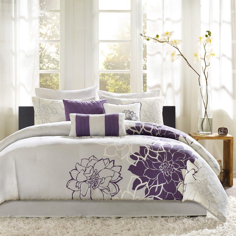 madison park Madison Park Lola Sateen Cotton Comforter SetCasual Medallion Floral Design All Season Down Alternative Bedding Shams Bedskirt Decorative Pillows King GreyPurple 7 Piece 