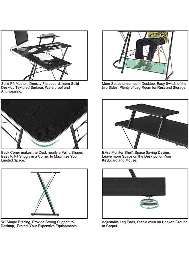 Generic Gaming Desk L Shaped, Computer Corner Desk Home Office Desk Table with Large Monitor Shelf, Study Writing Desk Workstation balck 129 x 46 x 74 cm  - Image 3