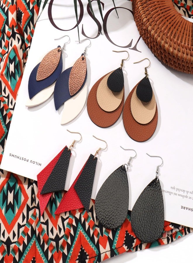 Coiris 4 Pairs Leather Earrings Set for Women Boho Lightweight Unique Leather Dangle Earrings Set Layered Design Teardrop Drop Vintage Bohemian Earrings For Women（ER1316） - Image 3