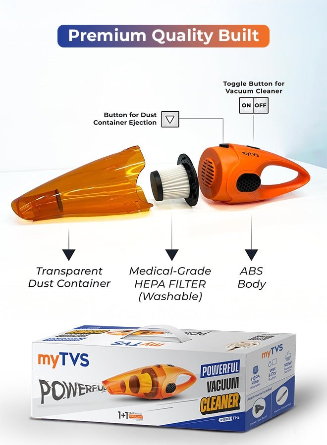 myTVS 100W Car Vacuum Cleaner | Wet & Dry Cleaning with 100W Powerful Suction,12V DC | Compatible with All Cars (TI-5) - Image 3
