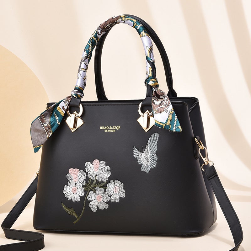Mother Bag Commuter Women'S Large Capacity Fashionable All-Match Handbag Flower Butterfly Embroidered Silk Scarf Handbag For Women - Image 2