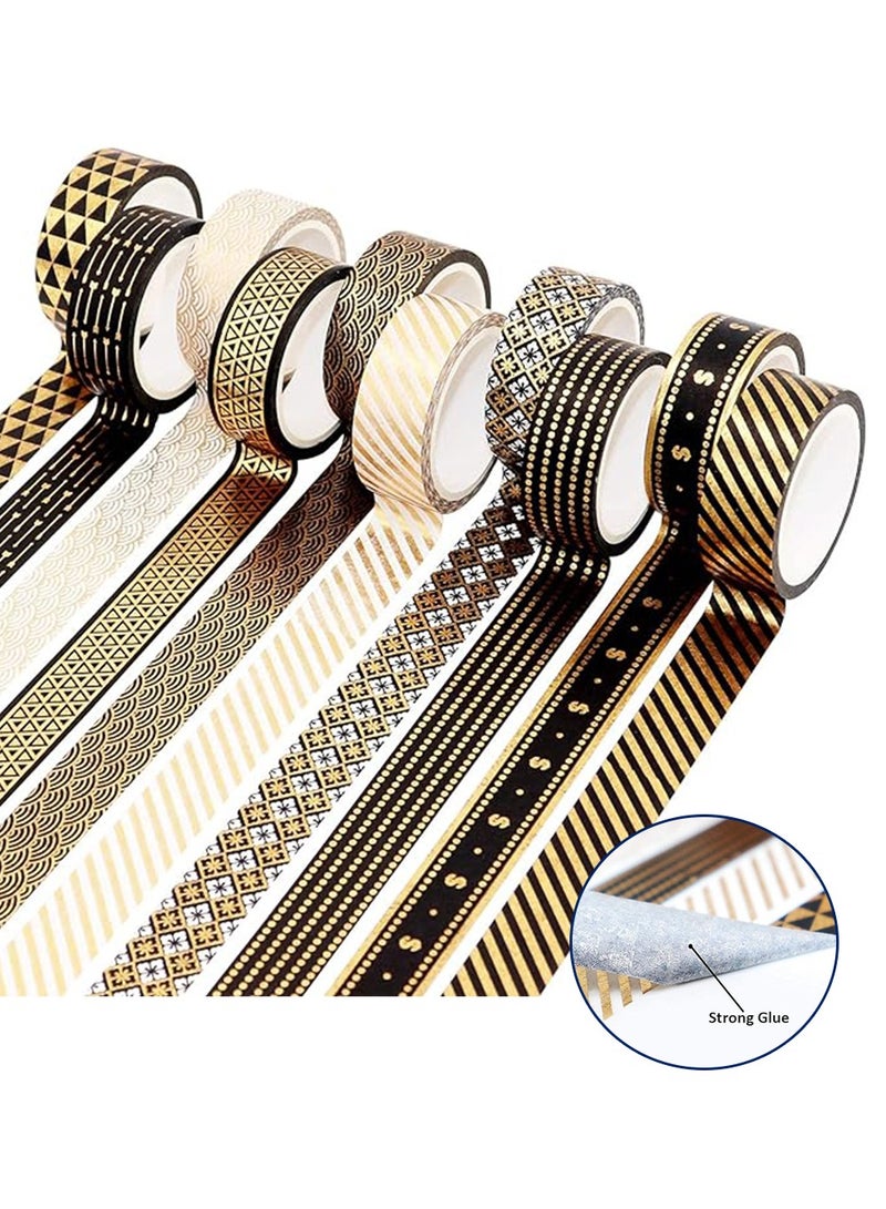10 Rolls Black Gold Foil Masking Tapeadhesive Tape Set -15mm Masking Tape Print Decorative Tapes for Arts, DIY Crafts, Bullet Journals, Scrapbook, Planners, Wrapping (Black Gold x 10 Rolls) - Image 1