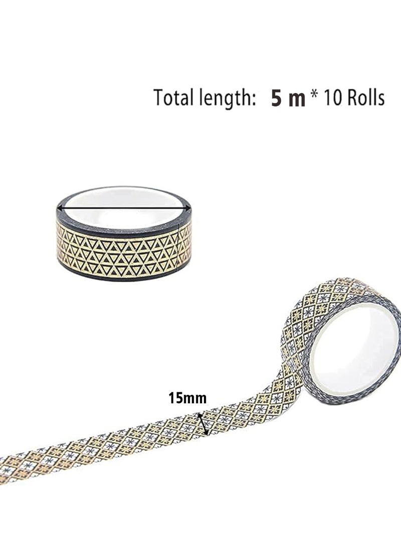 10 Rolls Black Gold Foil Masking Tapeadhesive Tape Set -15mm Masking Tape Print Decorative Tapes for Arts, DIY Crafts, Bullet Journals, Scrapbook, Planners, Wrapping (Black Gold x 10 Rolls) - Image 2