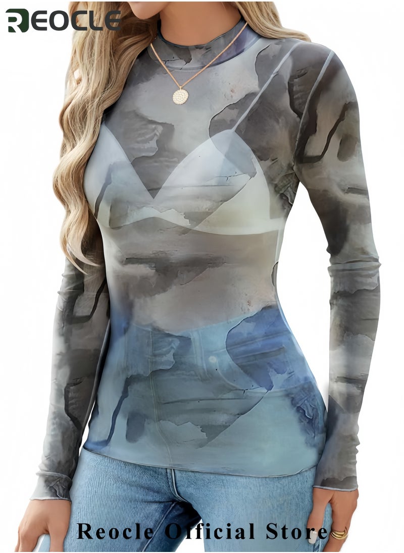 REOCLE Womens Sheer Mesh Long Sleeve Tops Round Neck Fitted T Shirt  - Image 5