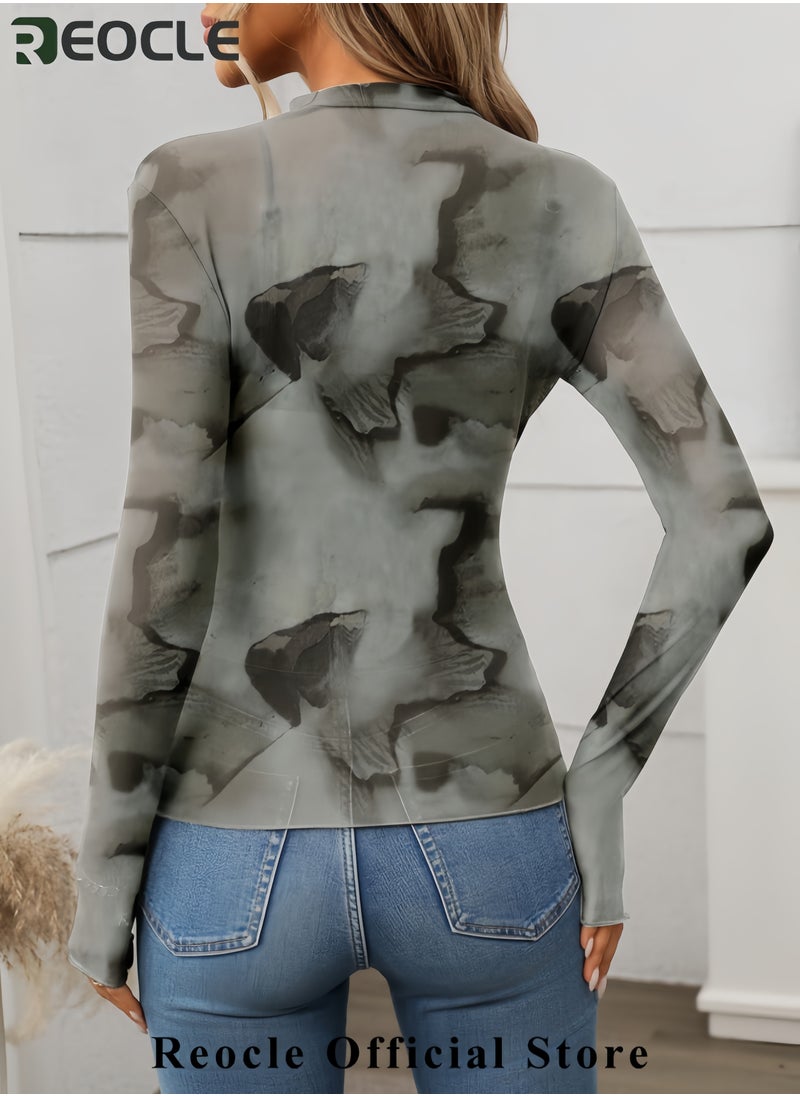 REOCLE Womens Sheer Mesh Long Sleeve Tops Round Neck Fitted T Shirt  - Image 3
