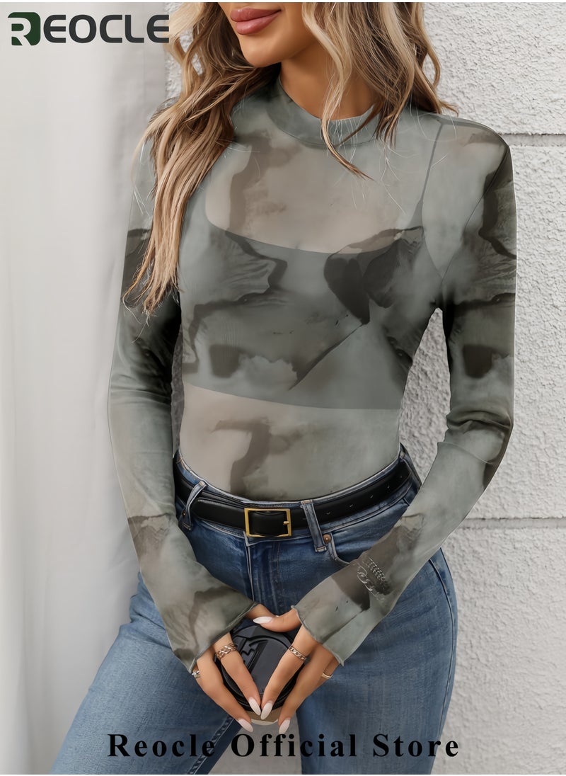 REOCLE Womens Sheer Mesh Long Sleeve Tops Round Neck Fitted T Shirt  - Image 4