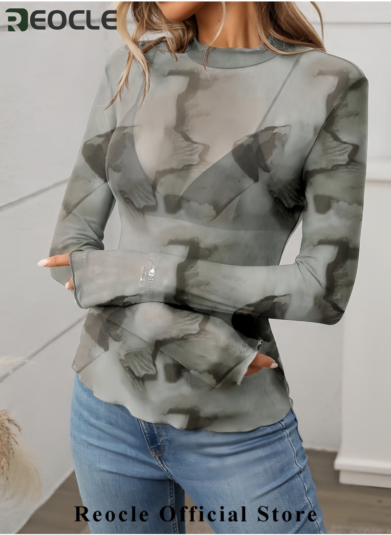 REOCLE Womens Sheer Mesh Long Sleeve Tops Round Neck Fitted T Shirt  - Image 2