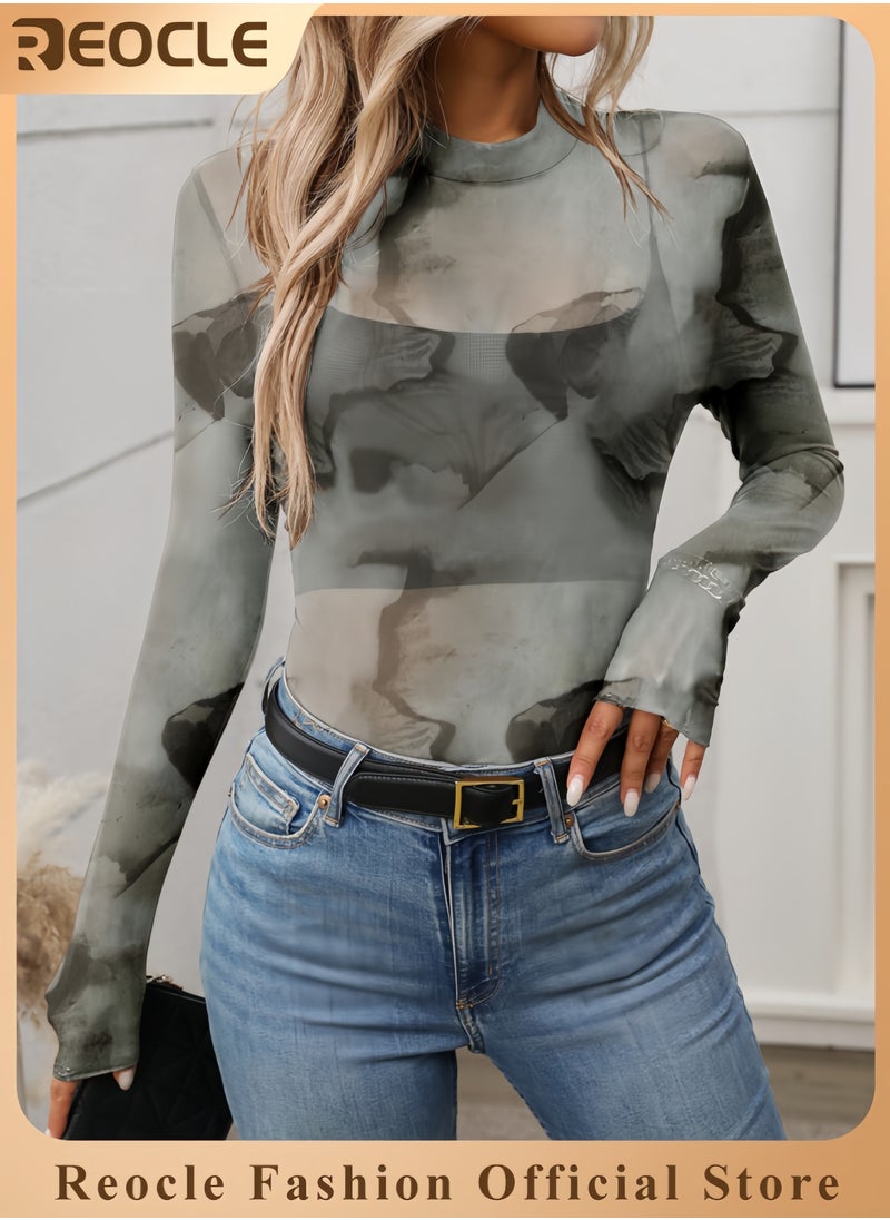 REOCLE Womens Sheer Mesh Long Sleeve Tops Round Neck Fitted T Shirt  - Image 1