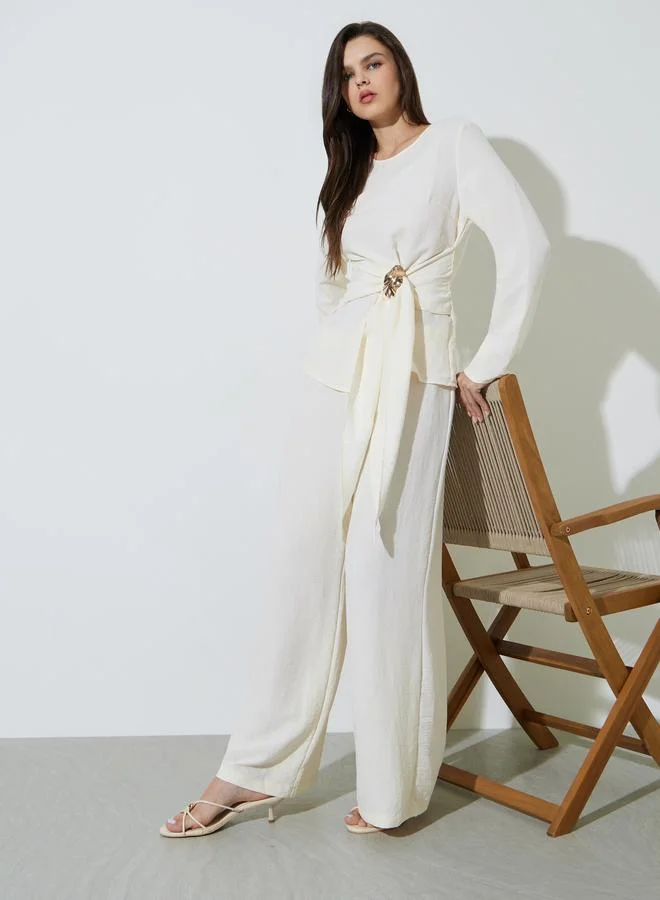 تايك تو Off White Wrap Front Blouse And Pants Co-Ord Set
