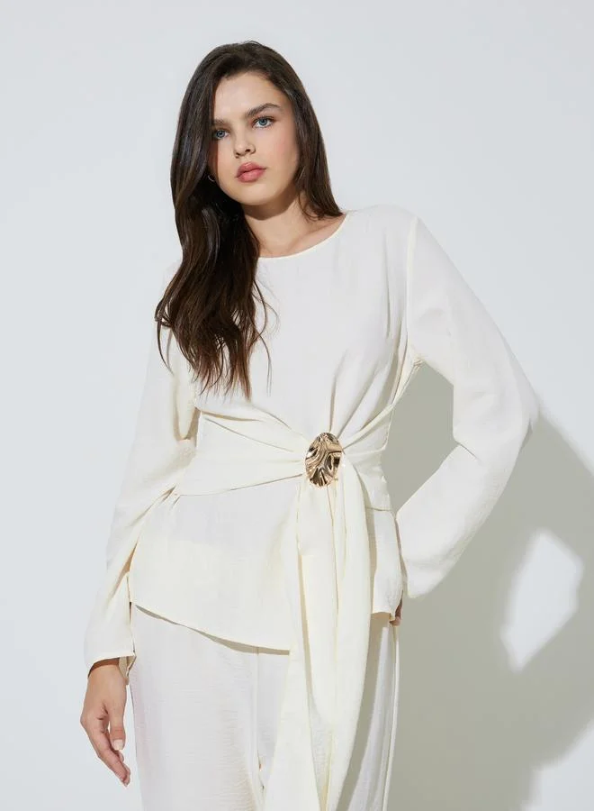 تايك تو Off White Wrap Front Blouse And Pants Co-Ord Set